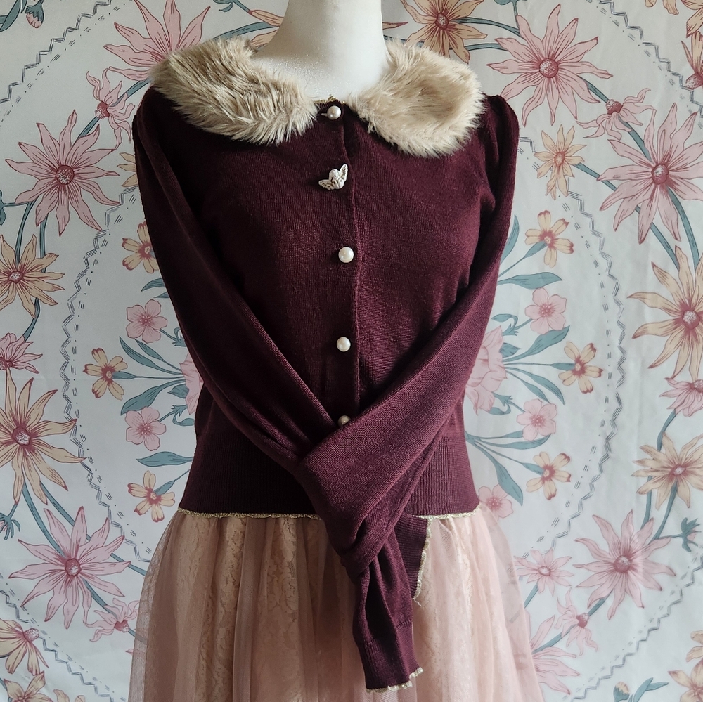 F.I.N.T. Burgandy angel fux fur cardigain j fashion coquette shoujo dollette
